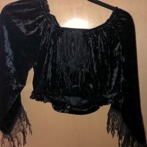 Black velvet crop top with flare long sleeve embroidered lace in middle size M